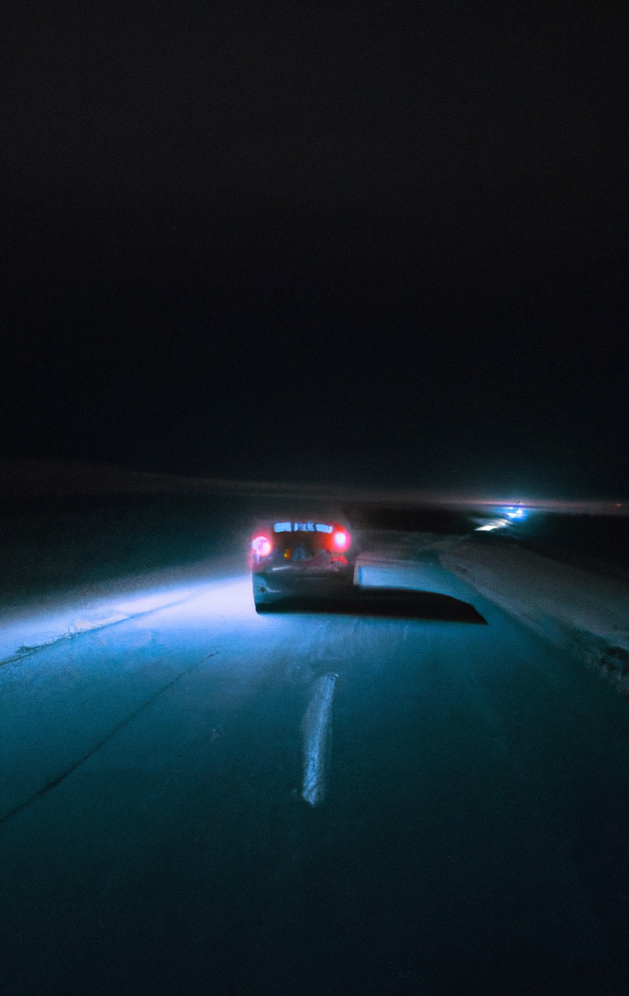 DALL·E 2023-12-24 14.22.05 - photo réaliste d'une voiture roule sur une route deserte, de nuit au Maroc